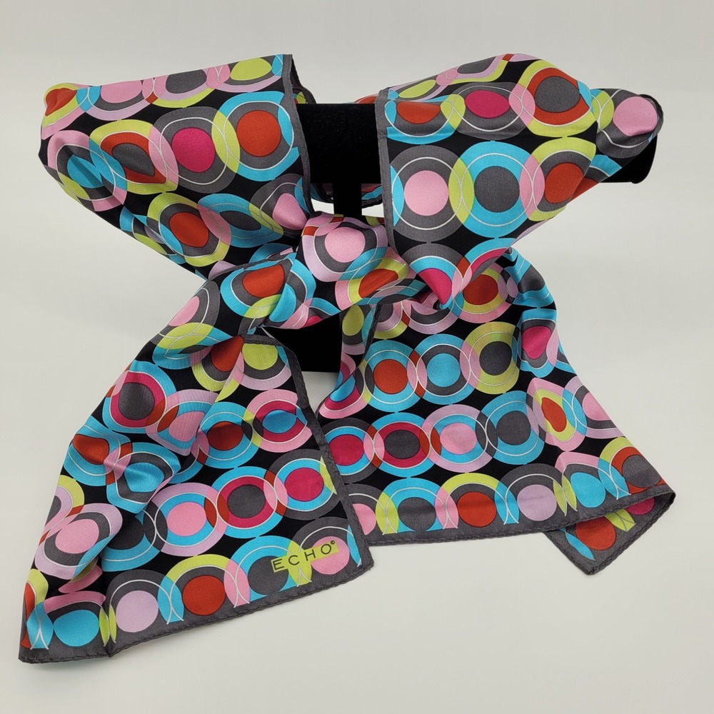 Echo Scarf Womens Pink Blue Grey Geometric Print Rectangle Silky Retro Mod Bold